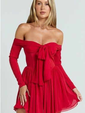 Showpo Red Off-Shoulder Tie-Front Midi Dress